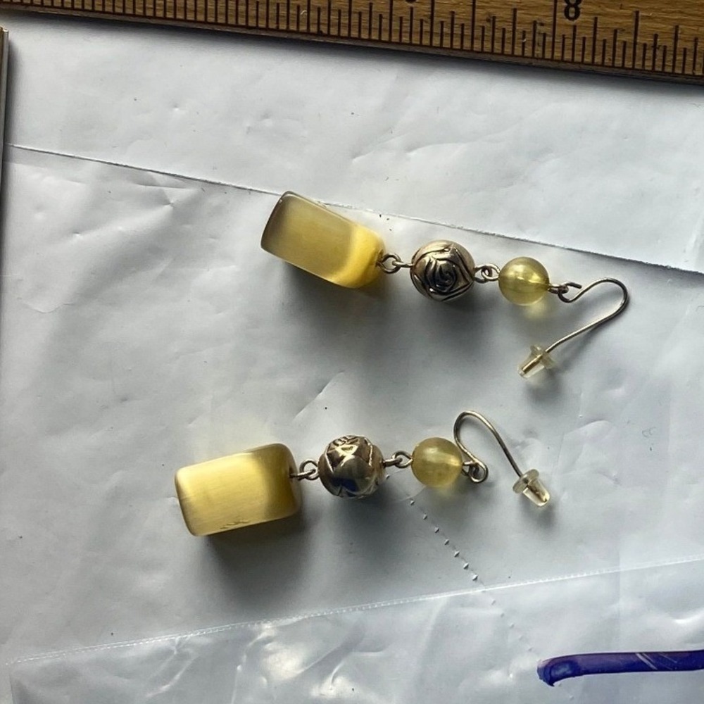 Beaded Dangle Earrings Yellow Stone Accent Silver Tone Hooks